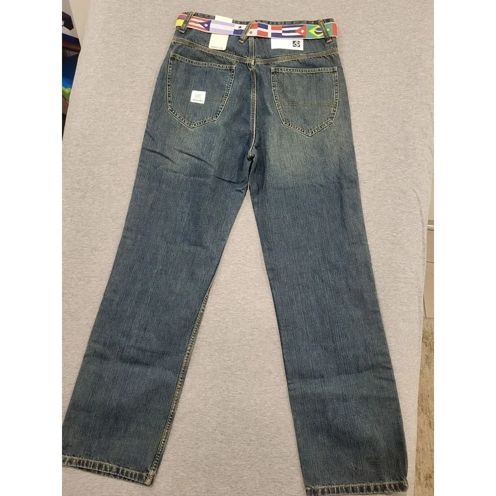 Blanco Label JEANS Blue Denim 34x34 Vintage Y2K‎ Baggy Flag Belt New NWT